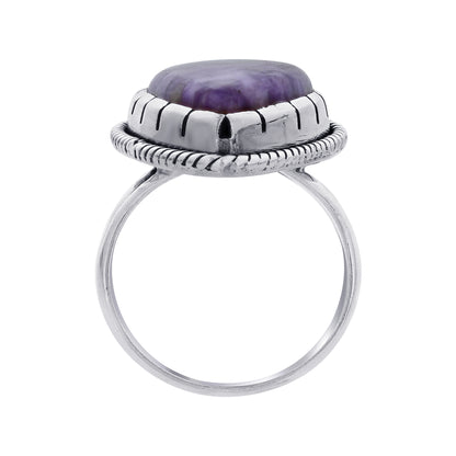 925 Sterling Silver Teardrop Charoite Gemstone Ring Handmade Boho Vintage Statement Jewelry Gift for Women - GR568