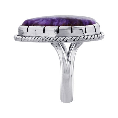 925 Sterling Silver Teardrop Charoite Gemstone Ring Handmade Boho Vintage Statement Jewelry Gift for Women - GR568