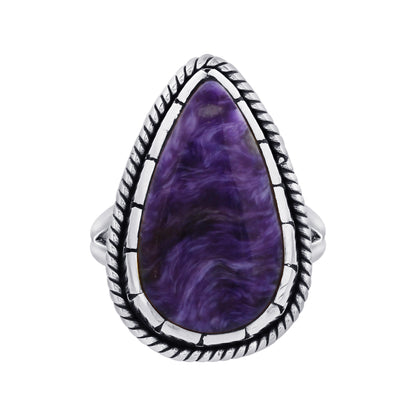 925 Sterling Silver Teardrop Charoite Gemstone Ring Handmade Boho Vintage Statement Jewelry Gift for Women - GR568