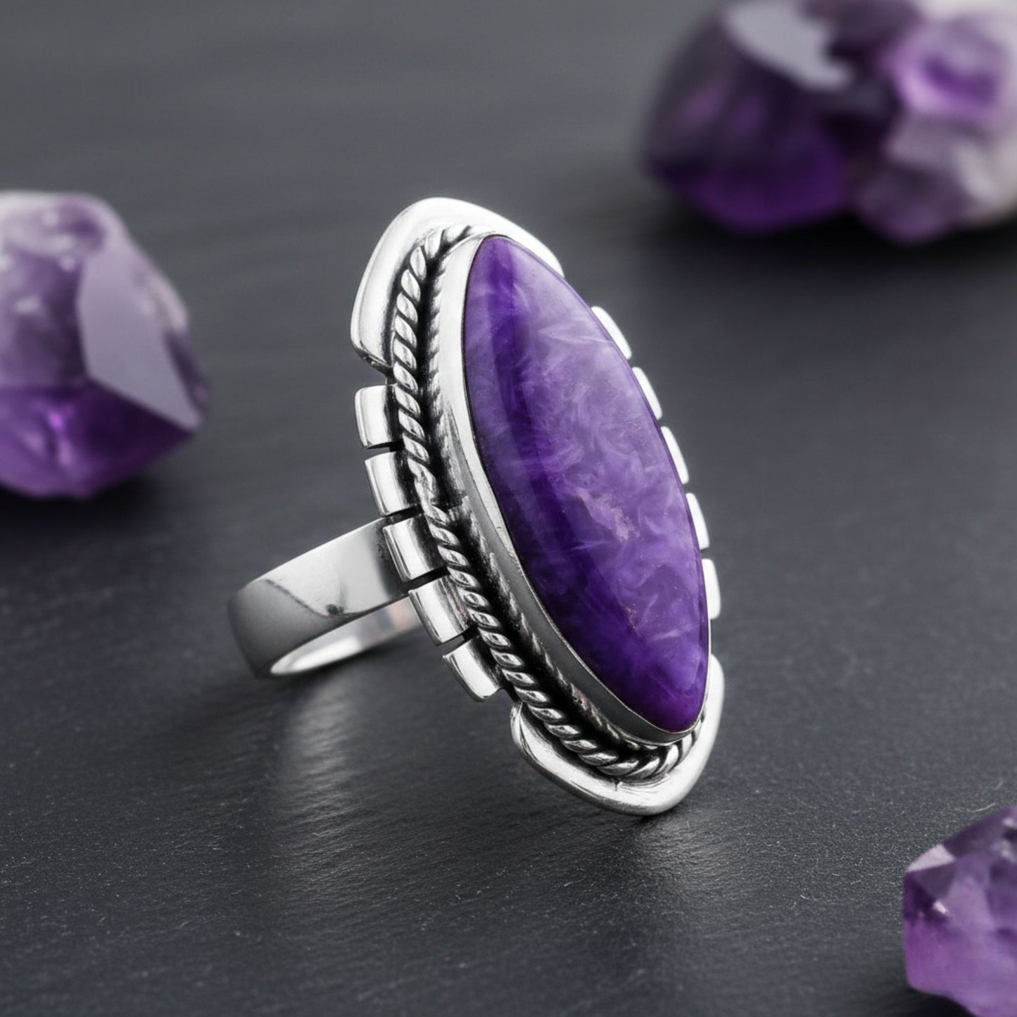 925 Sterling Silver Marquise Charoite Gemstone Ring Handmade Boho Vintage Statement Jewelry Gift for Women - GR569