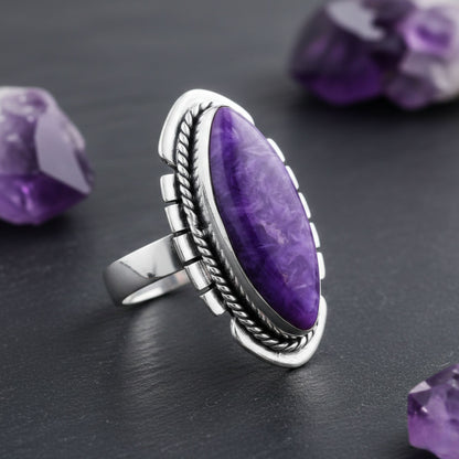 925 Sterling Silver Marquise Charoite Gemstone Ring Handmade Boho Vintage Statement Jewelry Gift for Women - GR569