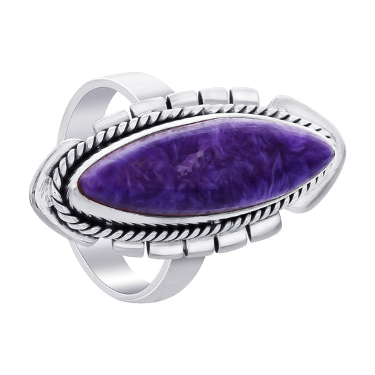925 Sterling Silver Marquise Charoite Gemstone Ring Handmade Boho Vintage Statement Jewelry Gift for Women - GR569