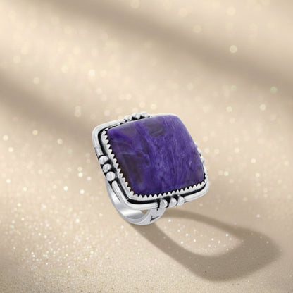 925 Sterling Silver Square Charoite Gemstone Ring Handmade Boho Vintage Statement Jewelry Gift for Women - GR570