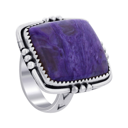925 Sterling Silver Square Charoite Gemstone Ring Handmade Boho Vintage Statement Jewelry Gift for Women - GR570