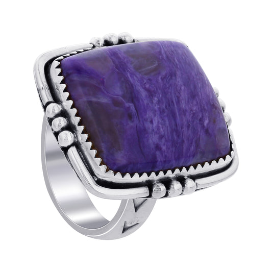 925 Sterling Silver Square Charoite Gemstone Ring Handmade Boho Vintage Statement Jewelry Gift for Women - GR570