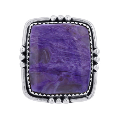 925 Sterling Silver Square Charoite Gemstone Ring Handmade Boho Vintage Statement Jewelry Gift for Women - GR570