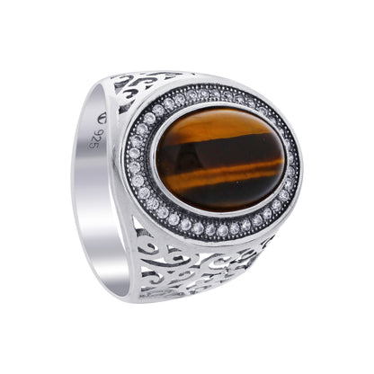 925 Sterling Silver Oval Tiger Eye Gemstone Ring Handmade Boho Vintage Statement Jewelry Gift for Women - GR571