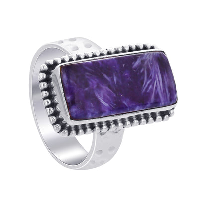 925 Sterling Silver Rectangular Charoite Gemstone Ring Handmade Boho-Vintage Jewelry - GR572