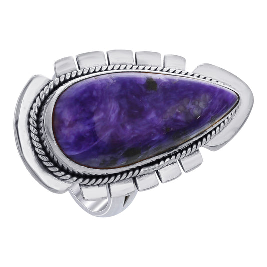 925 Sterling Silver Teardrop Charoite Gemstone Ring Handmade Boho Vintage Jewelry for Women - GR573