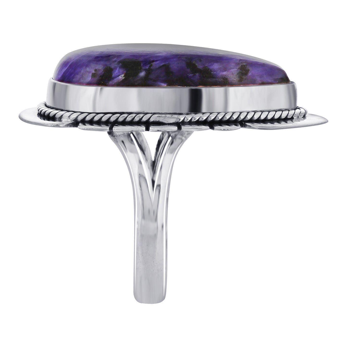 925 Sterling Silver Teardrop Charoite Gemstone Ring Handmade Boho Vintage Jewelry for Women - GR573