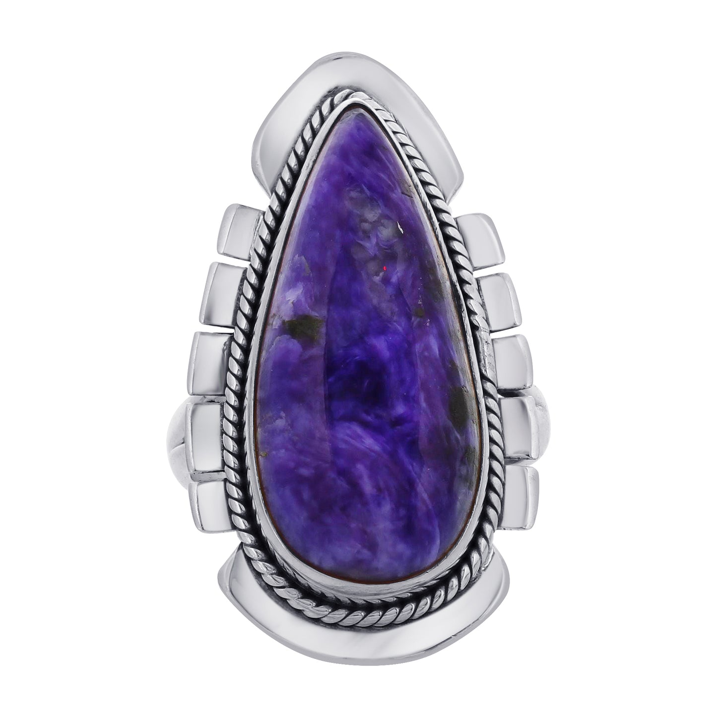 925 Sterling Silver Teardrop Charoite Gemstone Ring Handmade Boho Vintage Jewelry for Women - GR573