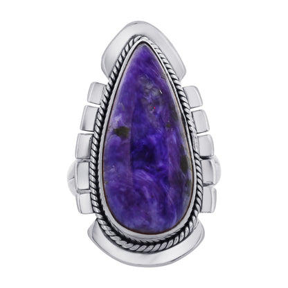 925 Sterling Silver Teardrop Charoite Gemstone Ring Handmade Boho Vintage Jewelry for Women - GR573