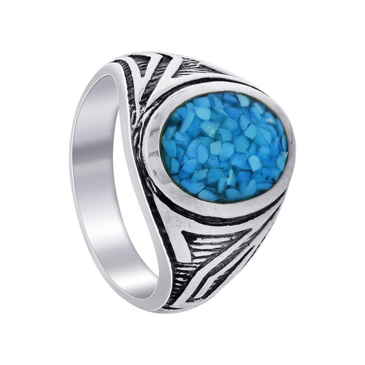 Men's 925 Sterling Silver Turquoise Ring Vintage Oval Blue Stone Handmade Jewelry - GR575