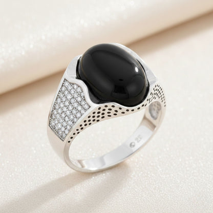 Men's 925 Sterling Silver Black Onyx Ring Oval Stone with CZ Accents, Elegant Handmade Jewelry - GR576