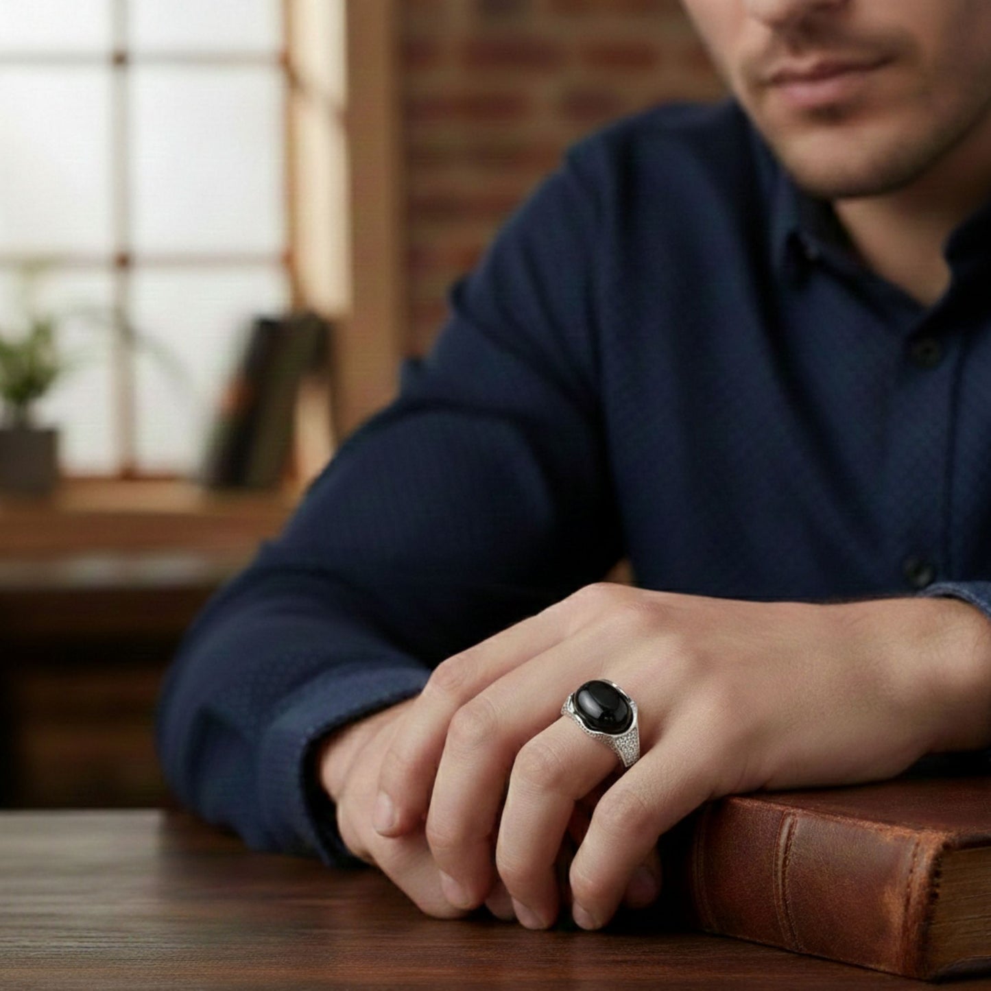 Men's 925 Sterling Silver Black Onyx Ring Oval Stone with CZ Accents, Elegant Handmade Jewelry - GR576