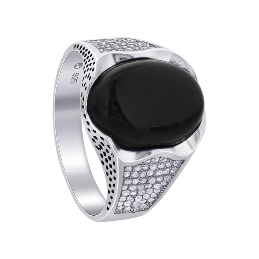 Men's 925 Sterling Silver Black Onyx Ring Oval Stone with CZ Accents, Elegant Handmade Jewelry - GR576