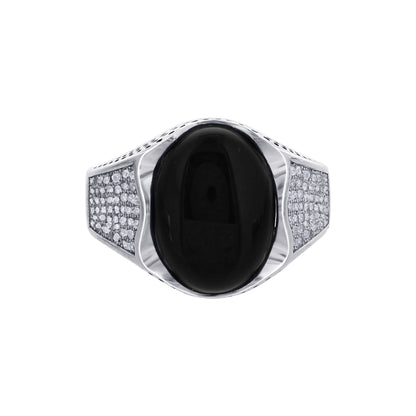 Men's 925 Sterling Silver Black Onyx Ring Oval Stone with CZ Accents, Elegant Handmade Jewelry - GR576