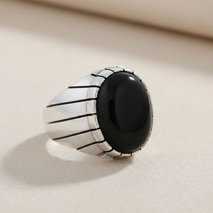 Men's 925 Sterling Silver Black Onyx Ring Bold Oval Stone Design, Handmade Classic Jewelry - GR577