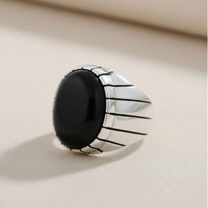 Men's 925 Sterling Silver Black Onyx Ring Bold Oval Stone Design, Handmade Classic Jewelry - GR577