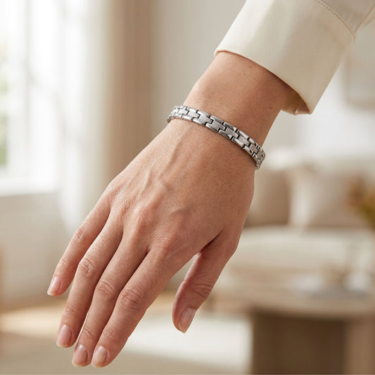 Magnetic Link Textured Silver Bracelet 7.5 " Long with Fold over Clasp - Gem Avenue
