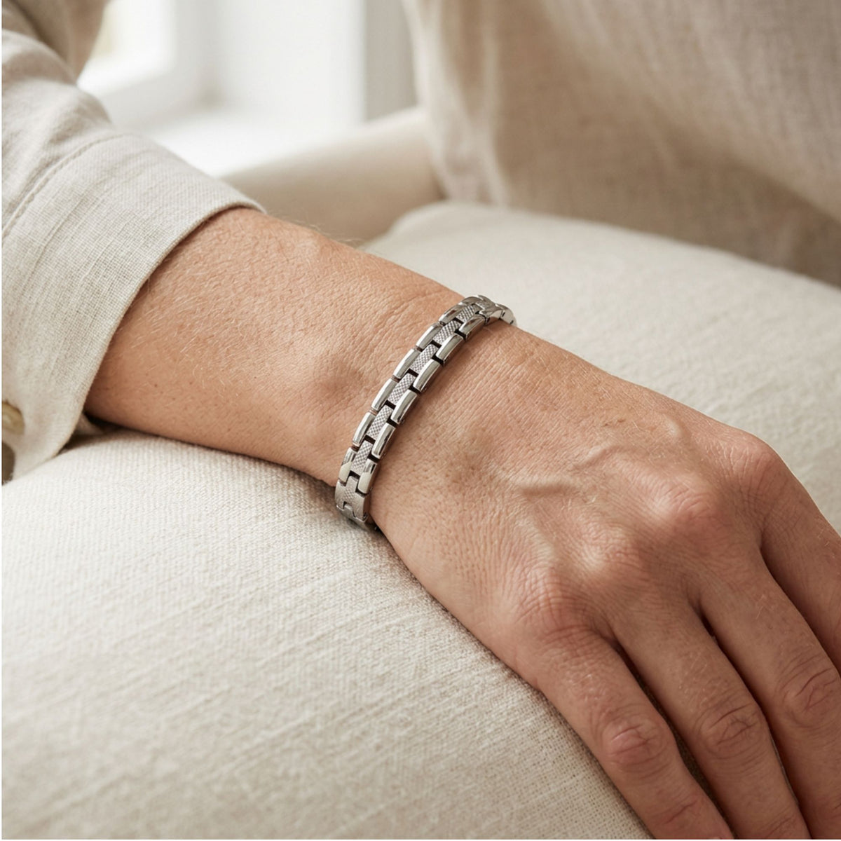 Magnetic Link Textured Silver Bracelet 7.5 " Long with Fold over Clasp - Gem Avenue