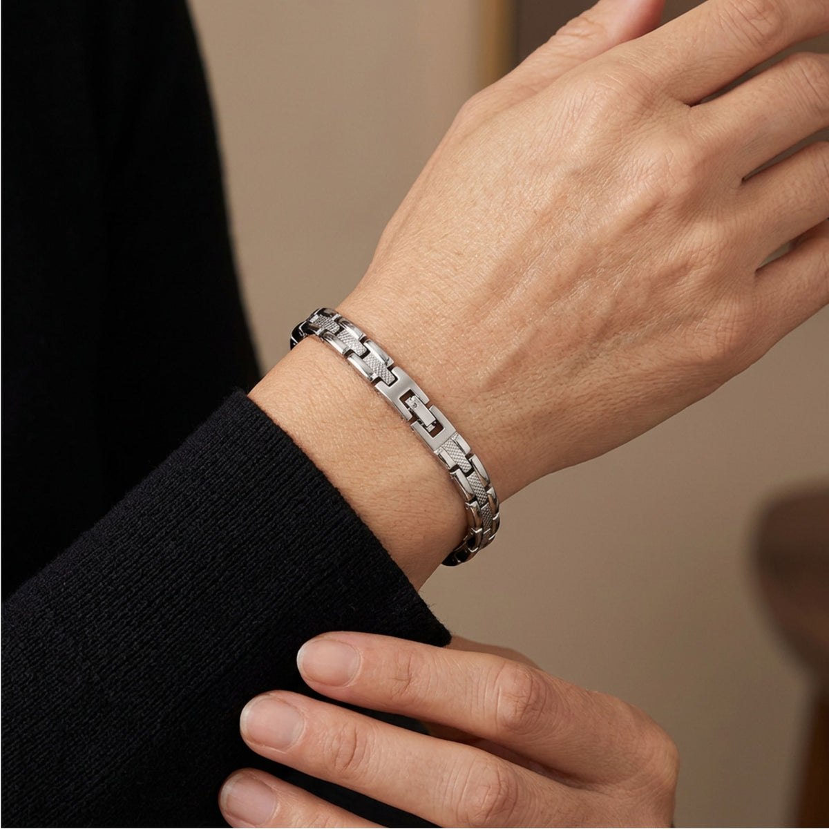 Magnetic Link Textured Silver Bracelet 7.5 " Long with Fold over Clasp - Gem Avenue