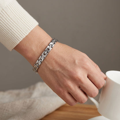 Magnetic Link Textured Silver Bracelet 7.5 " Long with Fold over Clasp - Gem Avenue