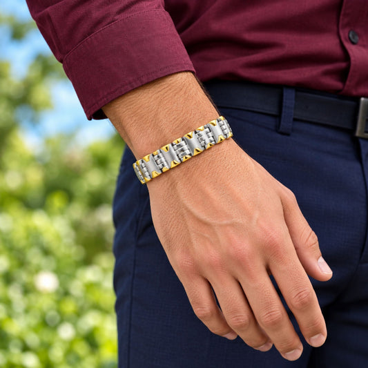 Stainless Steel Mens 2 Tone Magnetic Golf Bracelet 8 inch - Gem Avenue