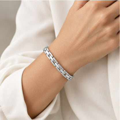 Magnetic Silver Tone Link Bracelet 8 Inch Fold Over Clasp Jewelry Gift for Men & Women