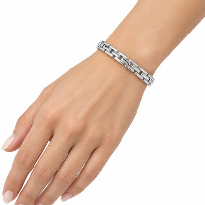 Magnetic Silver Tone Link Bracelet 8 Inch Fold Over Clasp Jewelry Gift for Men & Women