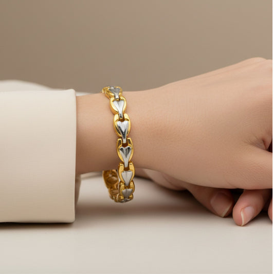 Magnetic Two Tone Link Bracelet 8 Inch Finish with Fold Over Clasp Jewelry