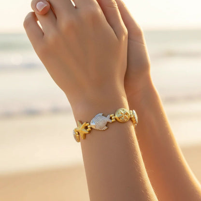 Magnetic Sea Life 10mm wide Link Bracelet 8 inch with Fold over Clasp
