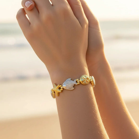 Magnetic Sea Life 10mm wide Link Bracelet 8 inch with Fold over Clasp