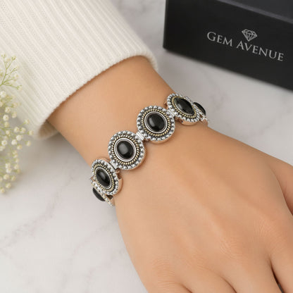 Magnetic Silver Tone Oval Black Onyx Link Bracelet 7.25 inch