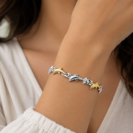 Magnetic Link Adorable Dolphin Two Tone 11mm wide Bracelet 7 inch