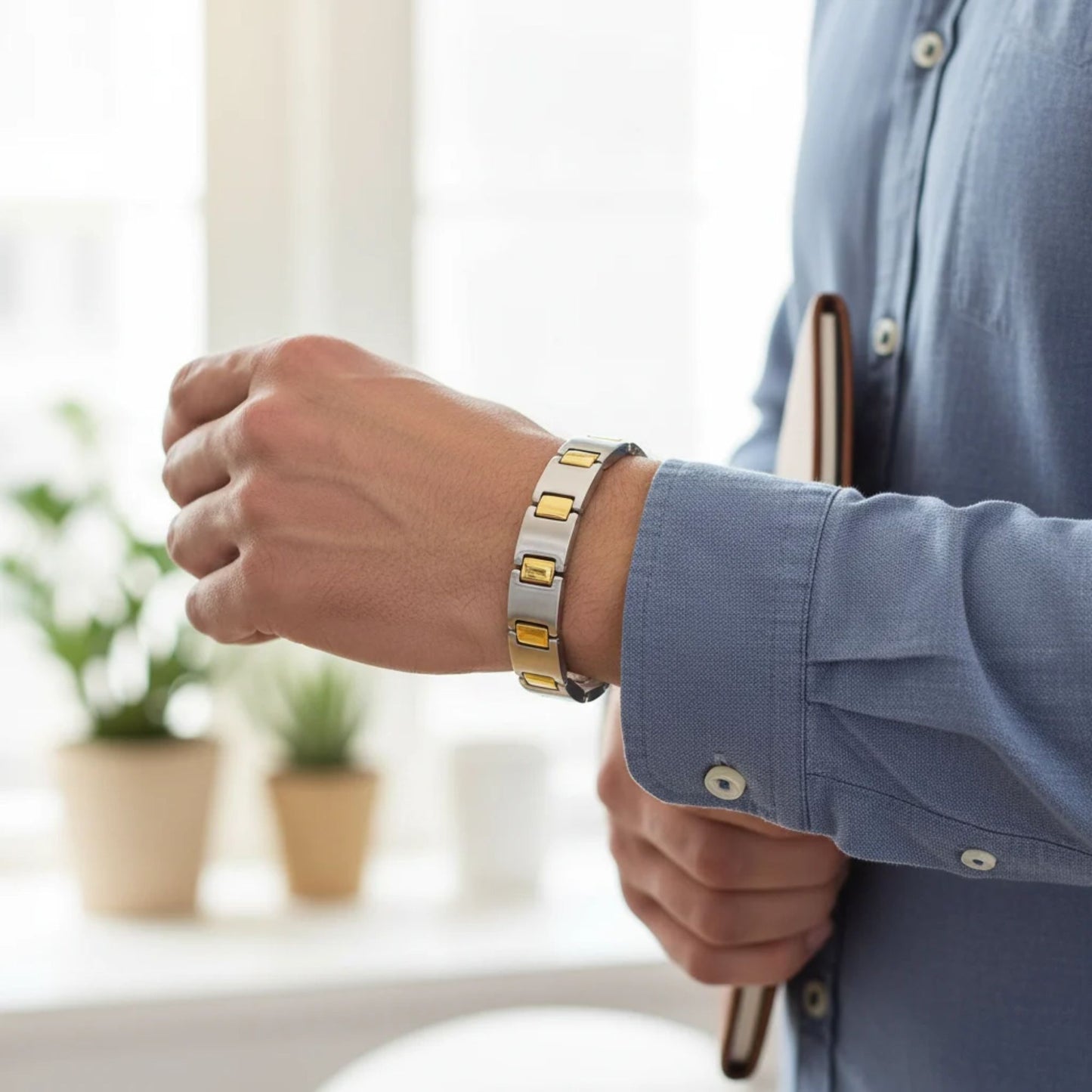 Magnetic Therapy Men's Stainless Steel Two Tone 8.75 inch Link Bracelet
