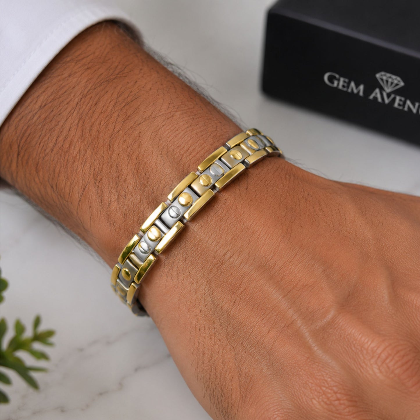 Men's 11mm Titanium Magnetic Two Tone Link Bracelet 8.5 inch