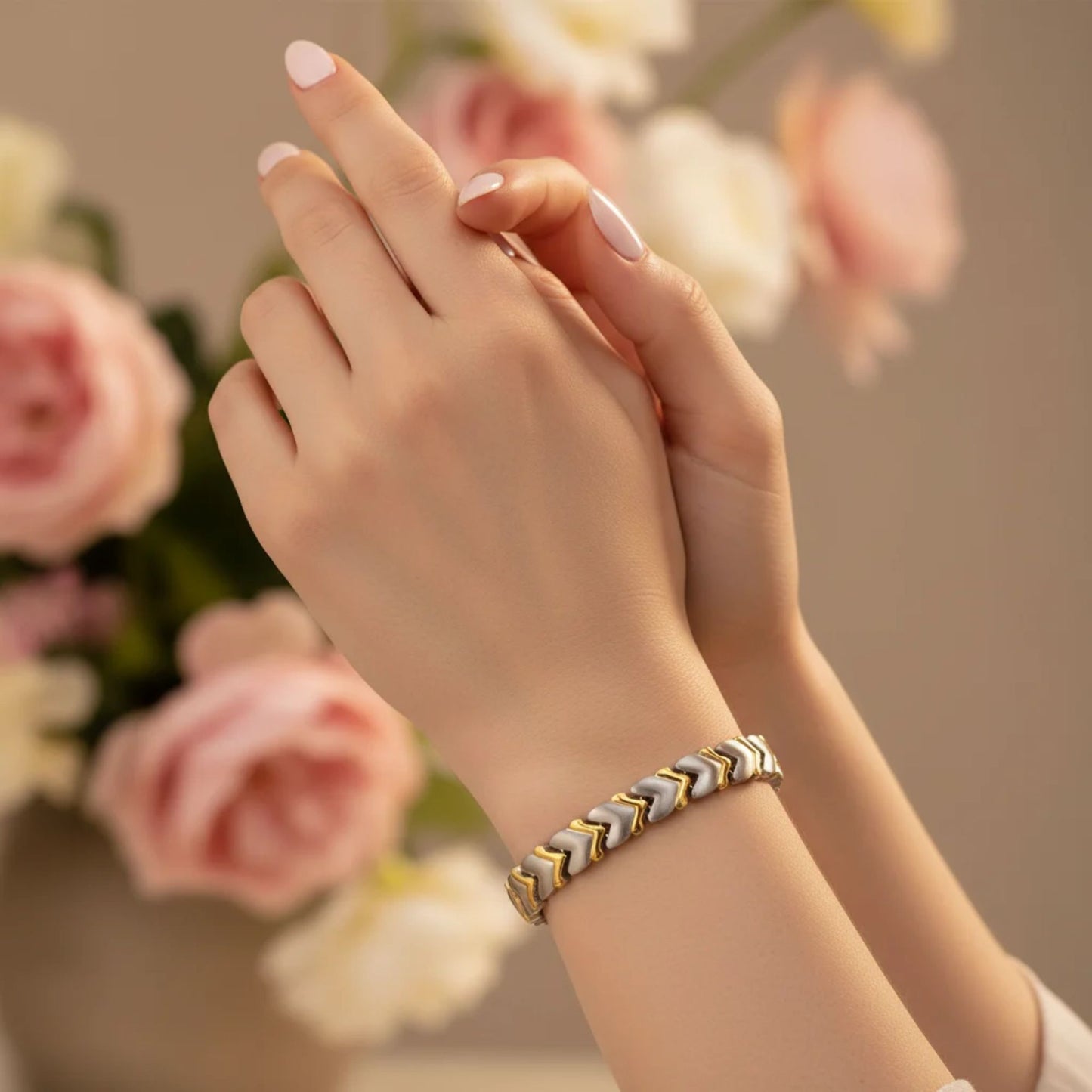 Heart Titanium Magnetic Therapy Two tone Link Bracelet 7.5 inch Long