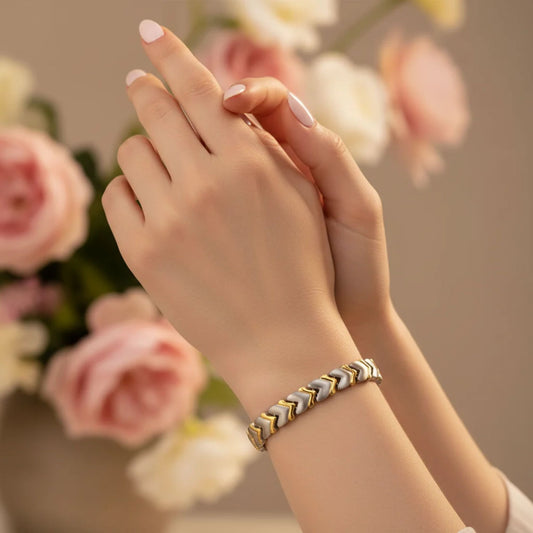 Heart Titanium Magnetic Therapy Two tone Link Bracelet 7.5 inch Long