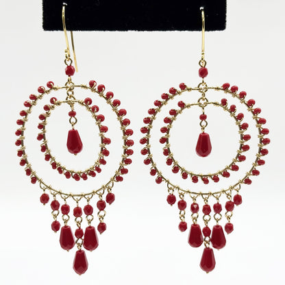 Red Czech Crystal Bead Chandelier Earrings Elegant Gold Tone Boho Dangle Jewelry Handmade Statement Gift