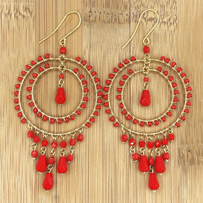 Red Czech Crystal Bead Chandelier Earrings Elegant Gold Tone Boho Dangle Jewelry Handmade Statement Gift