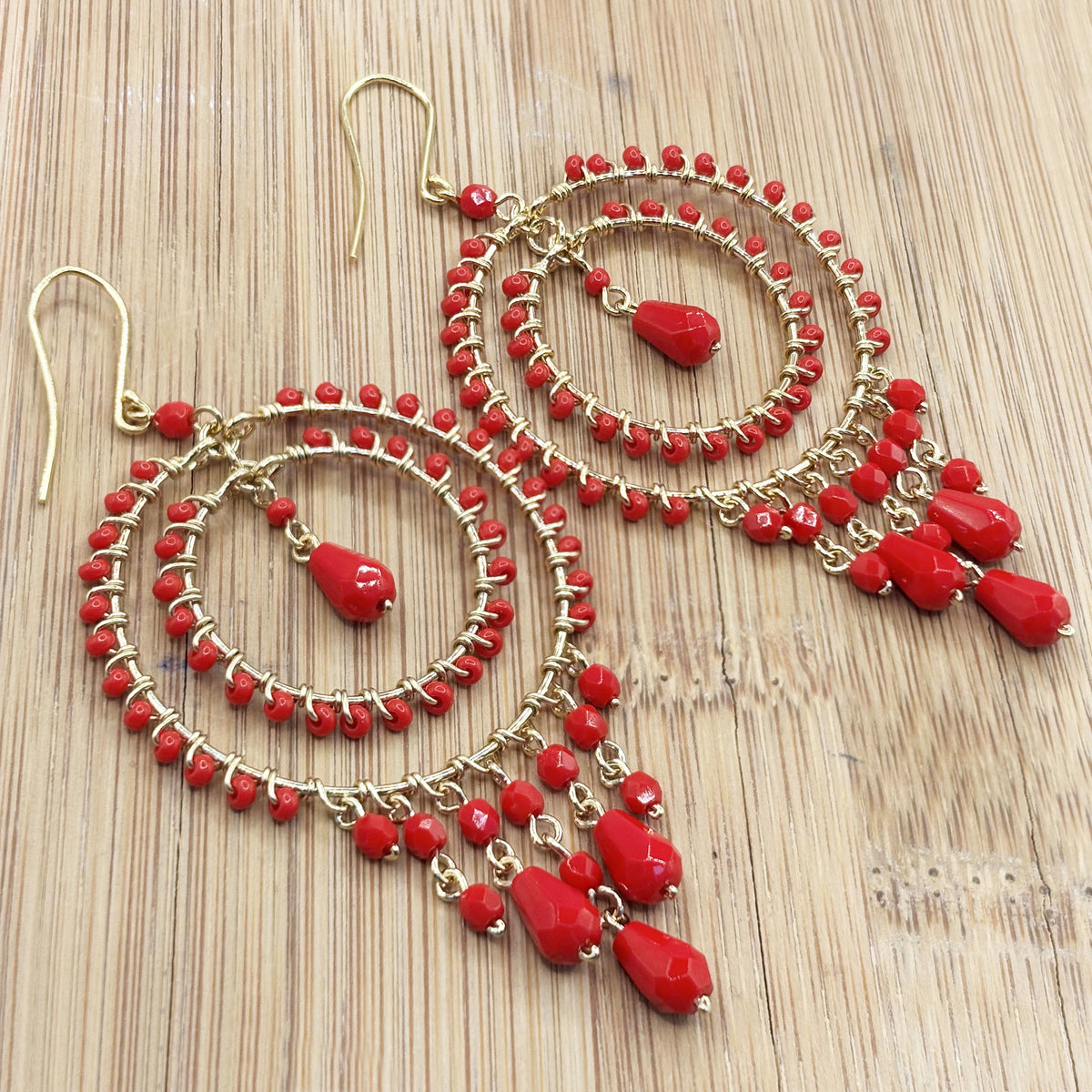 Red Czech Crystal Bead Chandelier Earrings Elegant Gold Tone Boho Dangle Jewelry Handmade Statement Gift