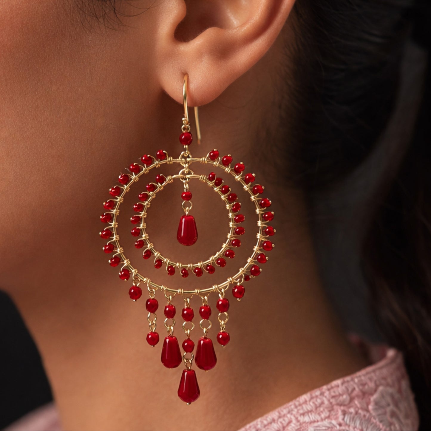 Red Czech Crystal Bead Chandelier Earrings Elegant Gold Tone Boho Dangle Earrings