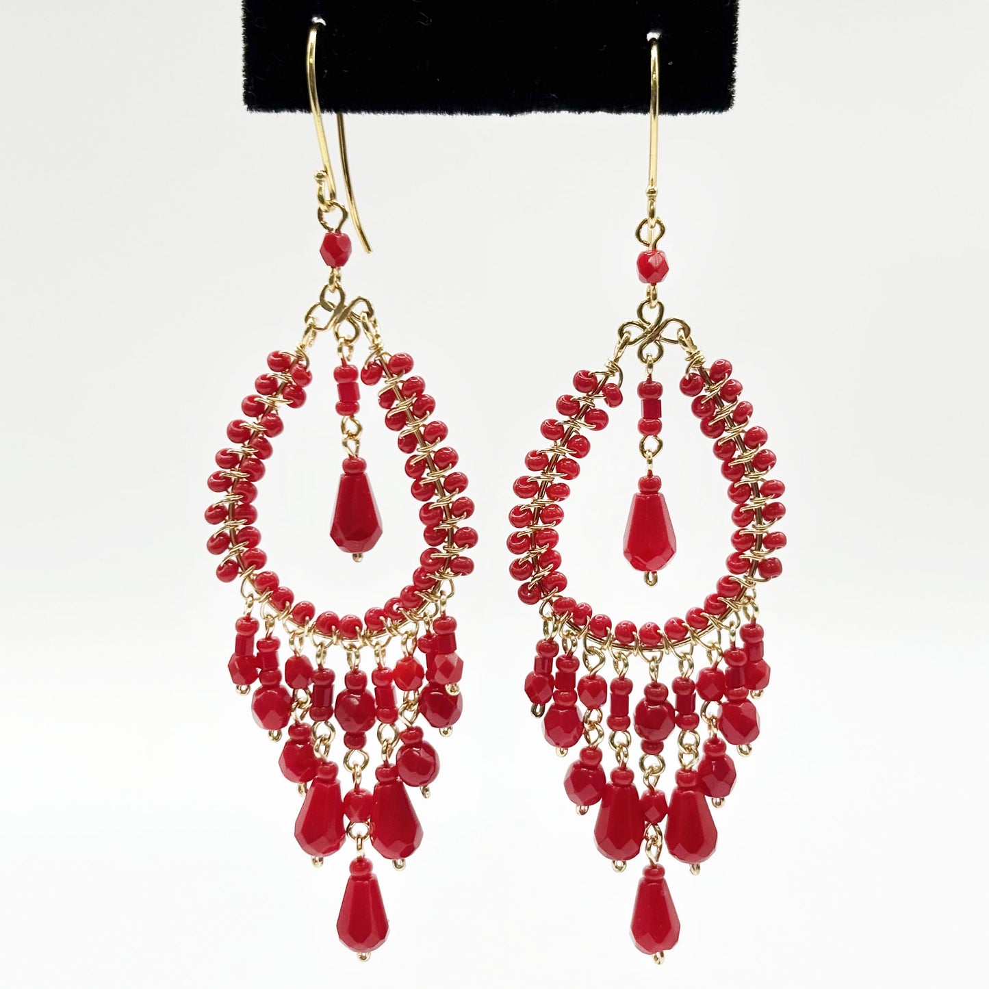 Red Fire Polished Bead Chandelier Dangle Earrings Gold Tone Boho Statement Jewelry with Hypoallergenic Steel Hooks