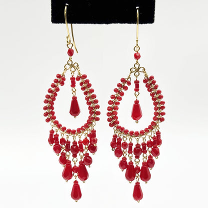 Red Fire Polished Bead Chandelier Dangle Earrings Gold Tone Boho Statement Jewelry with Hypoallergenic Steel Hooks