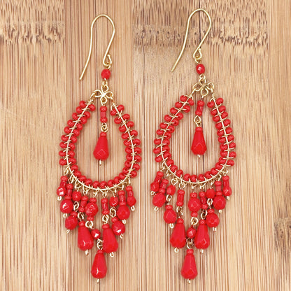 Red Fire Polished Bead Chandelier Dangle Earrings Gold Tone Boho Statement Jewelry with Hypoallergenic Steel Hooks