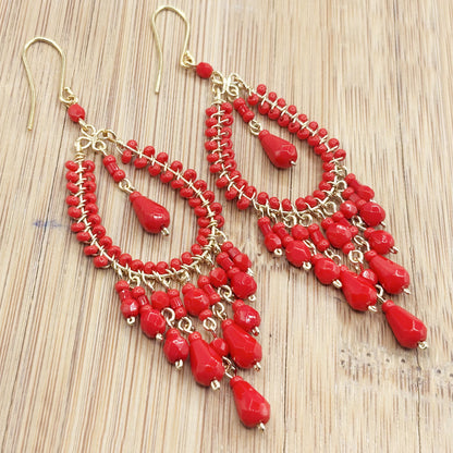 Red Fire Polished Bead Chandelier Dangle Earrings Gold Tone Boho Statement Jewelry with Hypoallergenic Steel Hooks