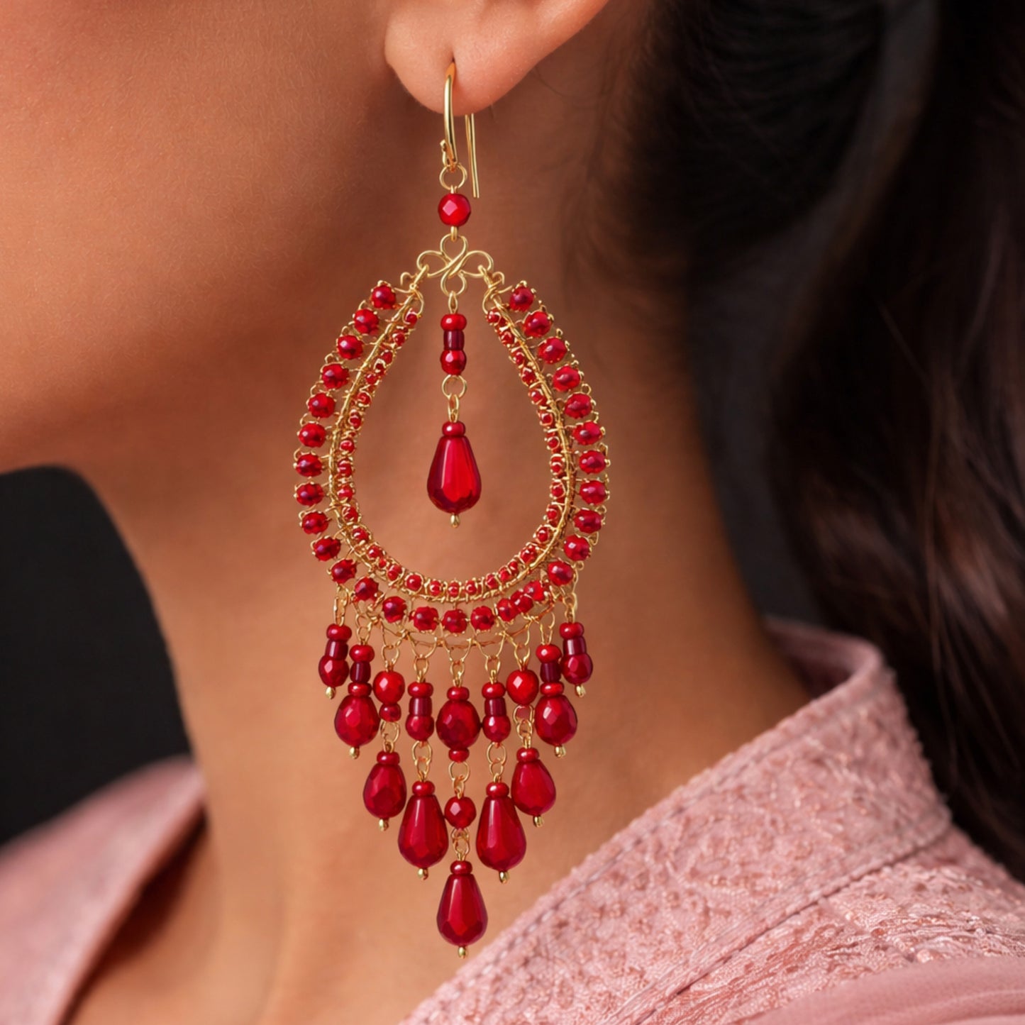 Red Fire Polished Bead Chandelier Dangle Earrings Gold Tone Boho Statement Jewelry with Hypoallergenic Steel Hooks