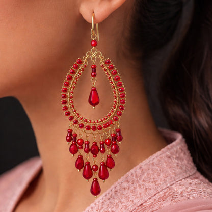 Red Fire Polished Bead Chandelier Dangle Earrings Gold Tone Boho Statement Jewelry with Hypoallergenic Steel Hooks