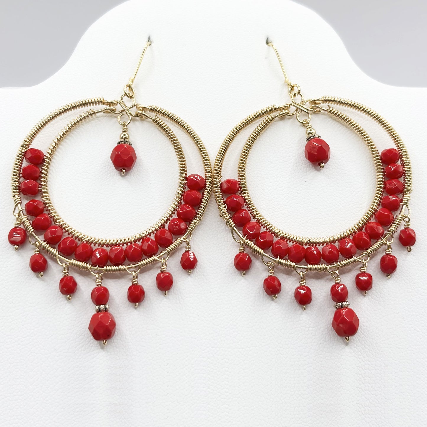 Red Czech Bead Hoop Chandelier Earrings Gold Tone Boho Dangle Earrings with Hypoallergenic Stainless Steel Hooks